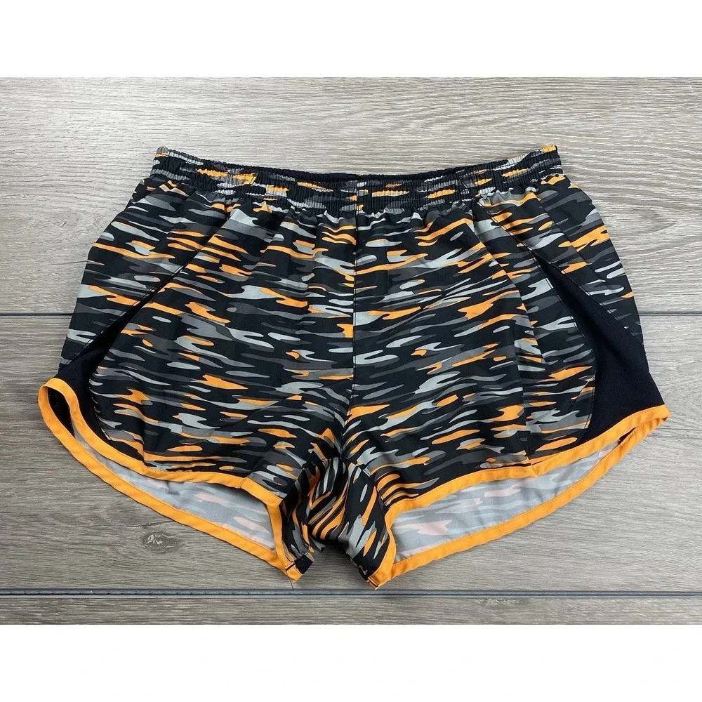Nike Women's Dri Fit Camo Lined Athletic Running Shorts Black Orange Size Medium